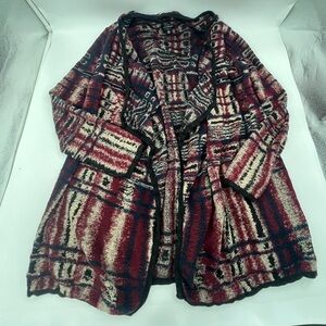 Lucky Brand open front cardigan in a Navy, Maroon, Tan and Black ikat pattern